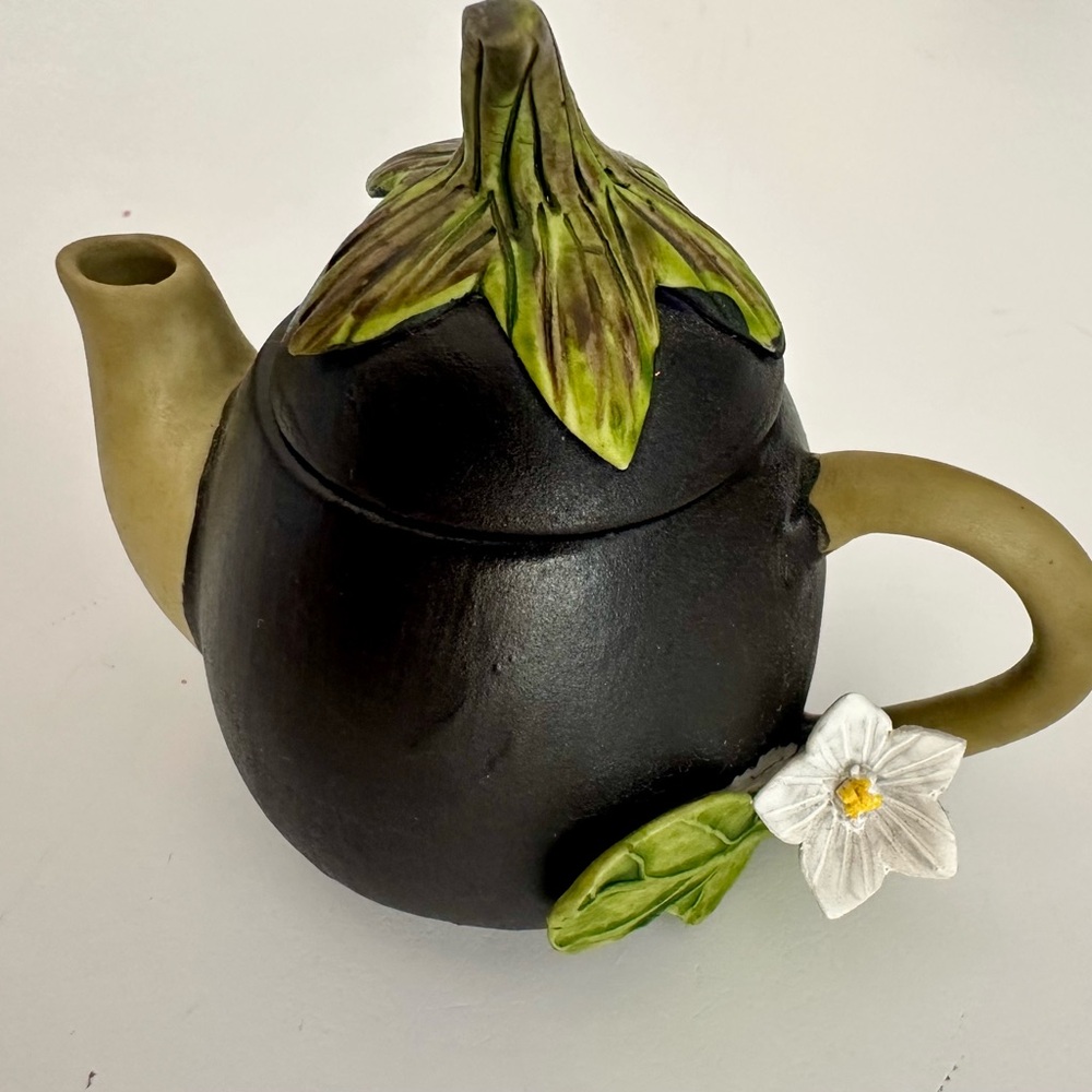 Avon Purple and Green Eggplant Teapot with White Floral Accent 1996